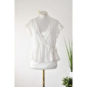Minkpink Top Woman's M White Short Sleeve Faux Wrap Peplum Coastal